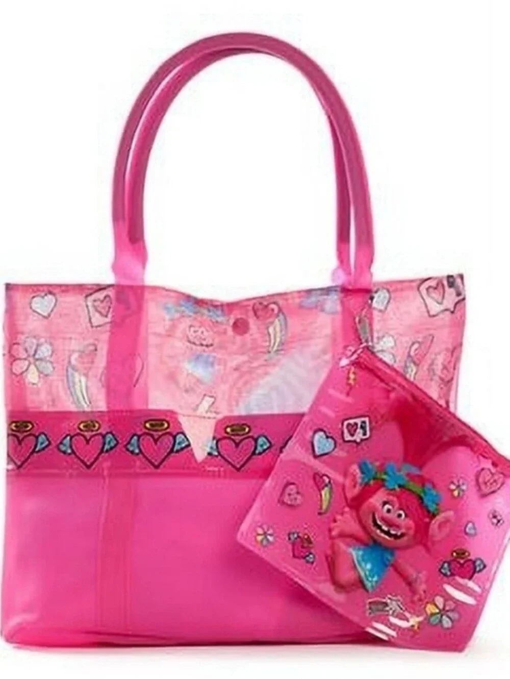 Trolls  Poppy Tote Bag with Matching Wet Bag Zipper Pouch. Pink. Pvc Wipe Clean.